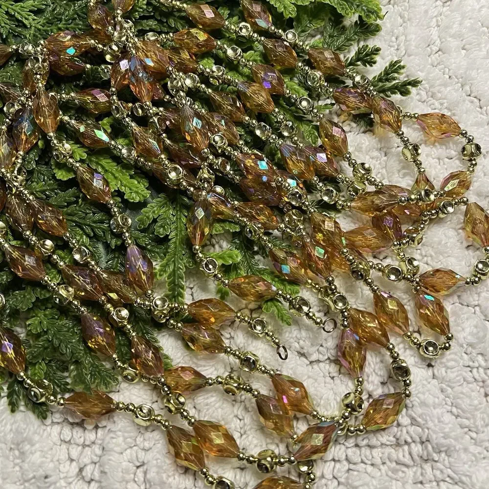 Amber Gold Iridescent Faceted Beaded Garland 24’ (Set of 2, Each 12’) Christmas